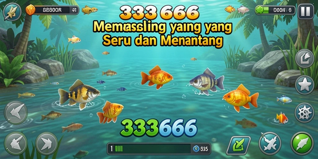 Tampilan gameplay yang mendebarkan dalam 333666, menampilkan momen memancing yang realistis.