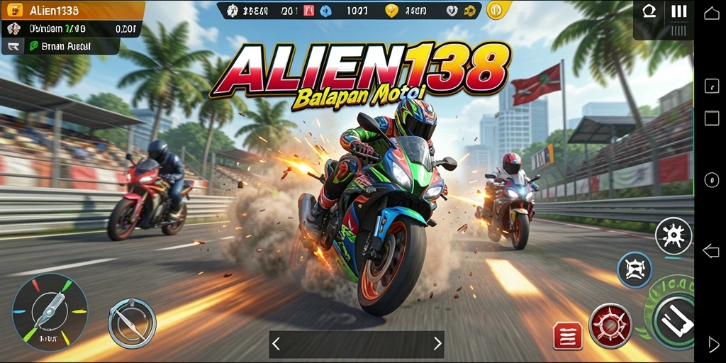 Tangkapan layar gameplay balapan motor yang mendebarkan.