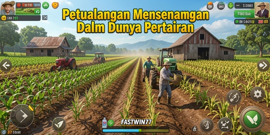 Tangkapan layar utama FASTWIN77 menampilkan suasana ladang pertanian yang cerah dan penuh aktivitas.