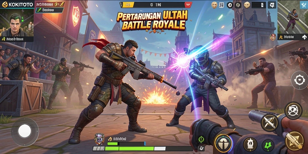Tangkapan layar permainan KOKITOTO menampilkan aksi seru Battle Royale.