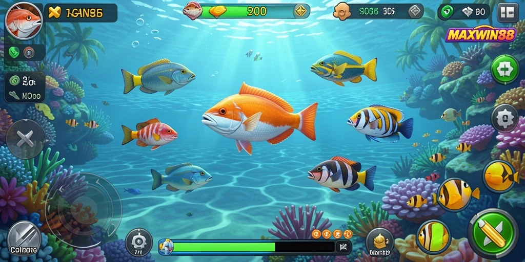 Screenshot gameplay MAXWIN88 menunjukkan keseruan menembak ikan.