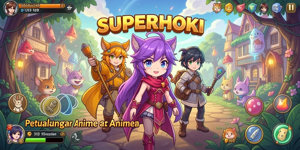 Screenshot gameplay SUPERHOKI menampilkan pertarungan epik antar karakter anime.