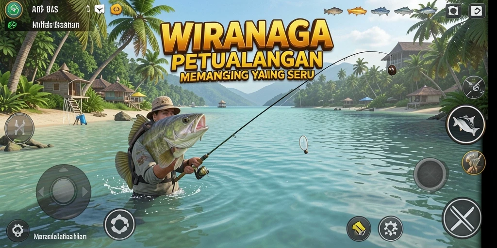 Screenshot utama WIRANAGA menampilkan aksi memancing yang mendebarkan.